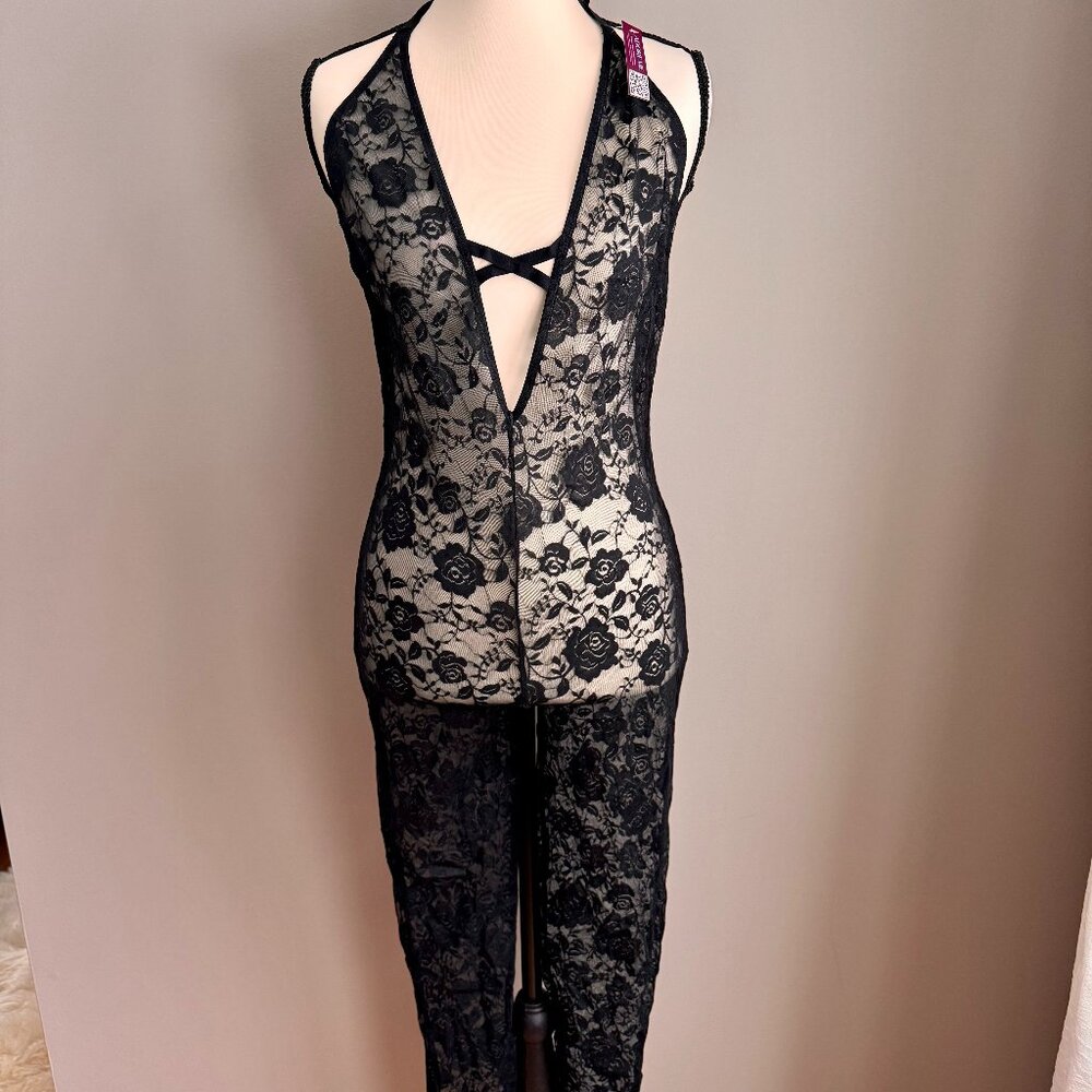 Adore Me Women's Lace Crotchless Full-Length Catsuit, Black, Medium, NWT